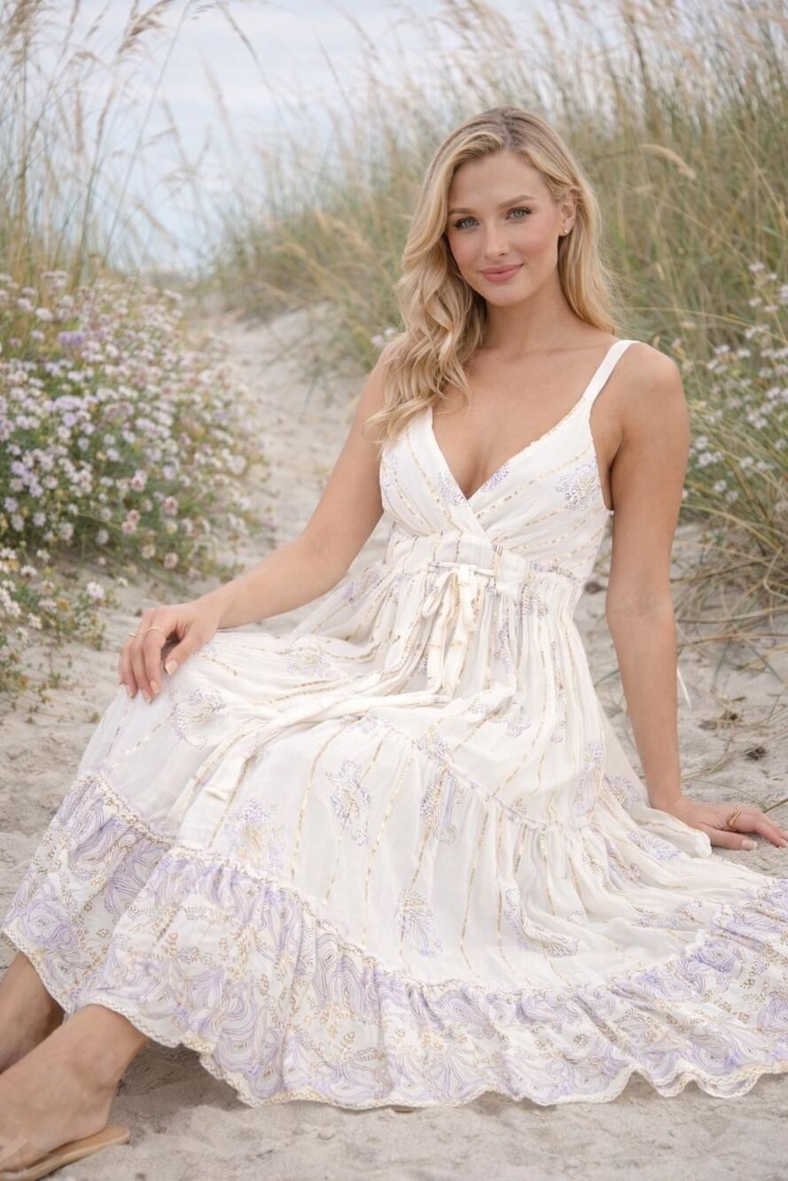 White & Lavender Coastal Maxi Dress Boho Vacation beach Resort - Picture 3 of 5